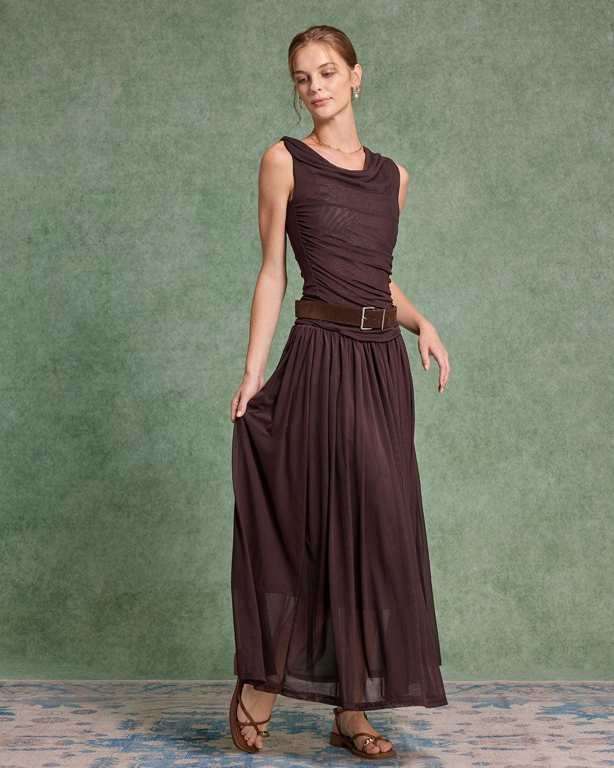 Brown Cowl Neck Belt Sleeveless Maxi Dress Product Image