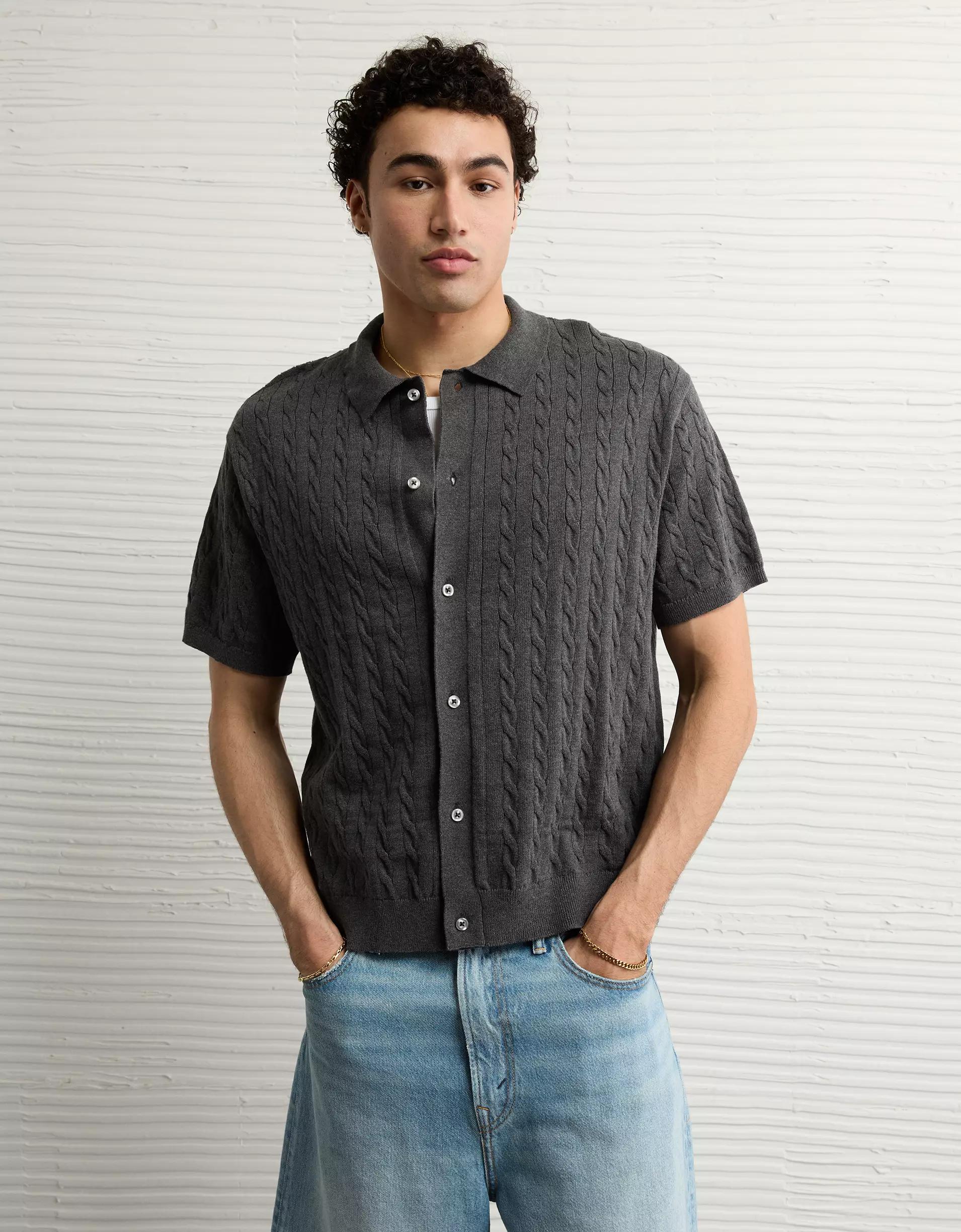 AE Weekend Cable Knit Button-Up Sweater Polo Shirt Product Image