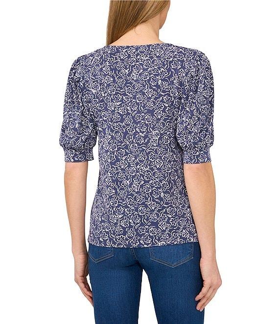 CeCe Knit Floral Print Scoop Neck Short Puff Sleeve Blouse Product Image