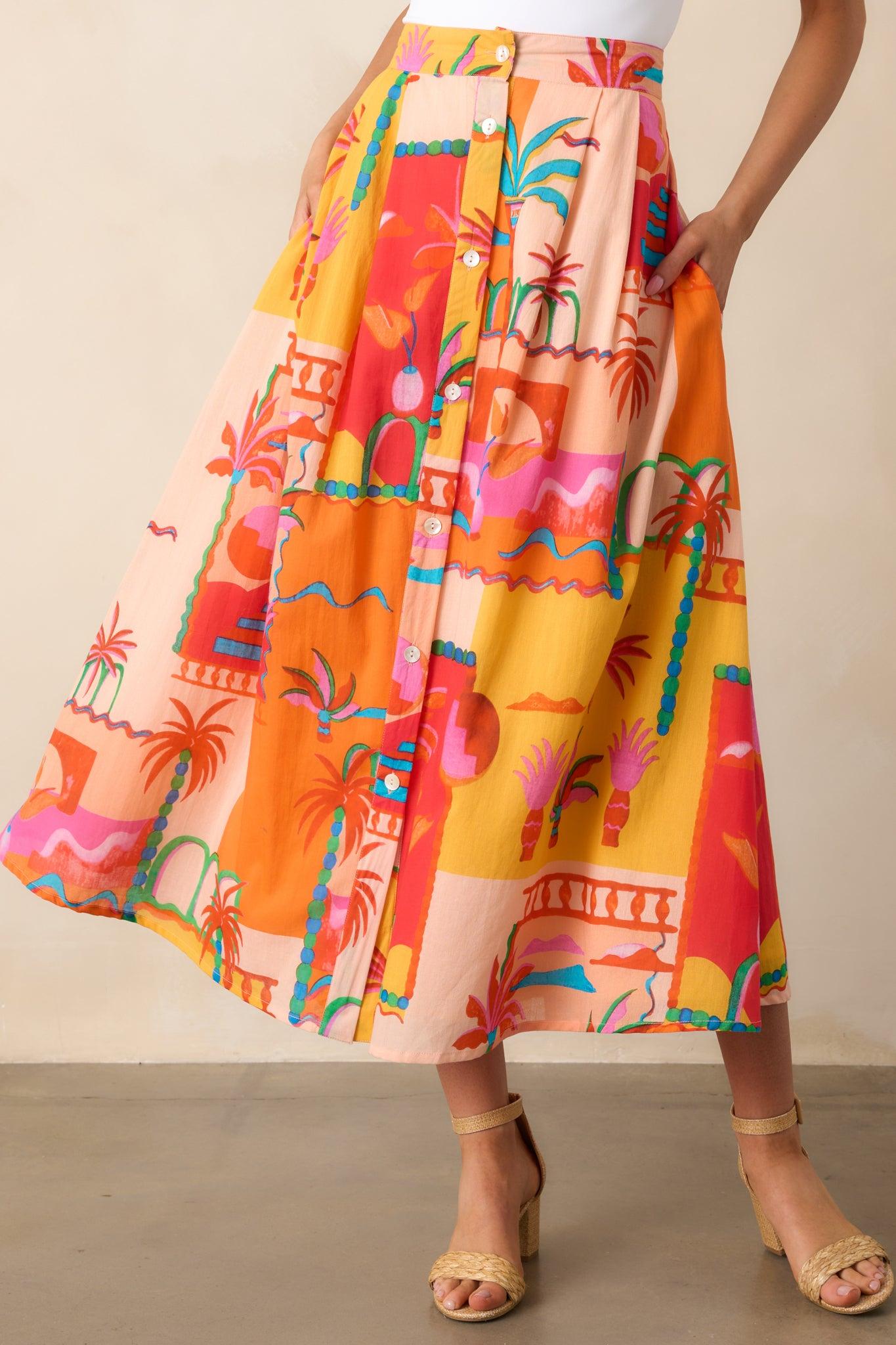Bright Idea Orange Tropical Print Cotton Button Front Midi Skirt Product Image