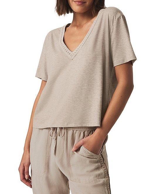 Kacey Crochet Knit V-Neck Short Sleeve Tee Shirt Product Image