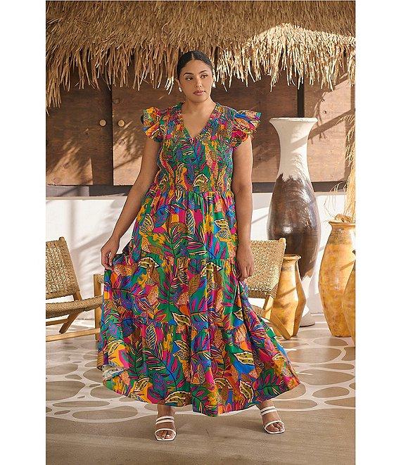 Sugarlips Plus Tropical Sunfire Flutter Sleeve Smocked Bodice Tiered Maxi Dress Product Image