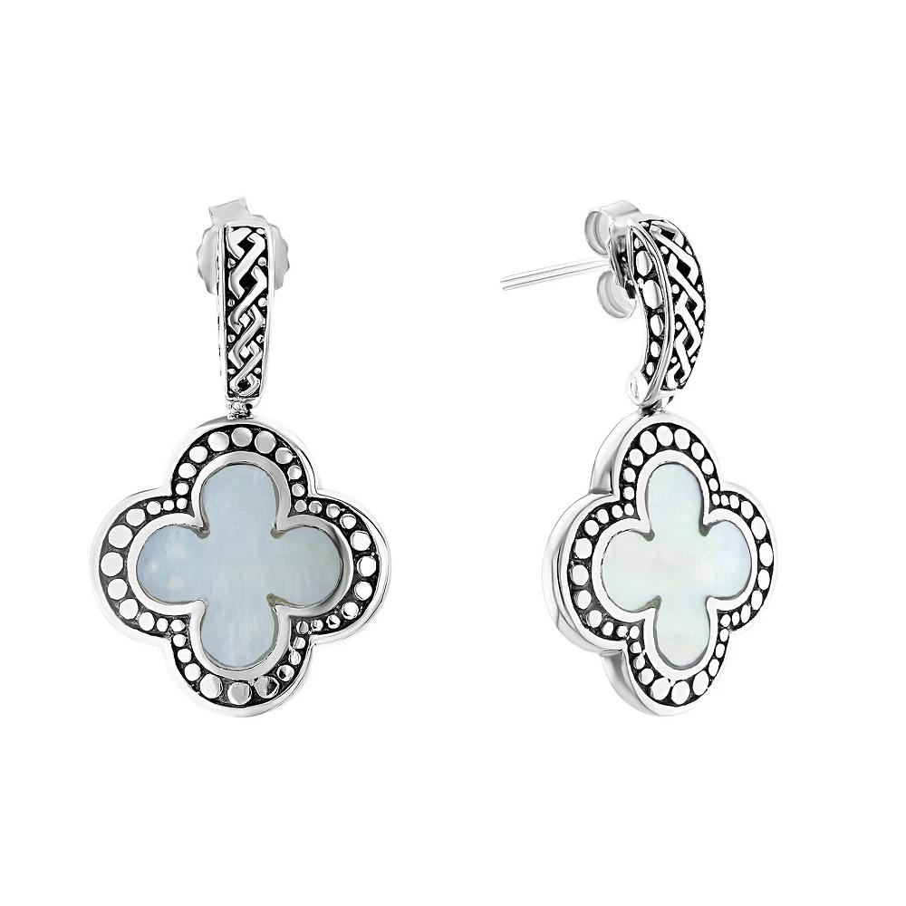 Athra NJ Inc Sterling Silver Mother Of Pearl Textured Clover Drop Earrings, Women's Product Image