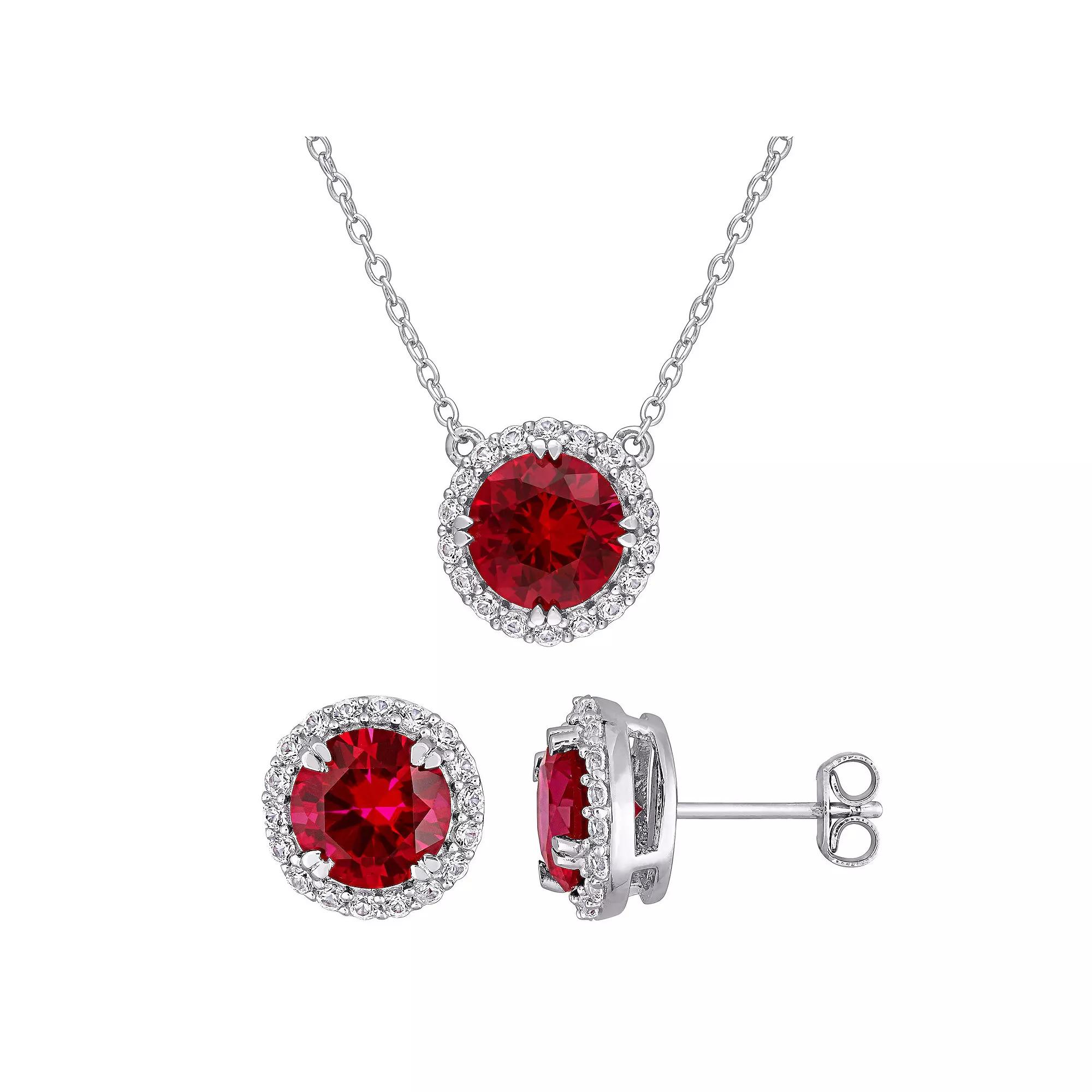 Stella Grace Sterling Silver Lab-Created Ruby & Lab-Created White Sapphire Halo Earring & Pendant Necklace Set, Women's, Size: 18" Product Image