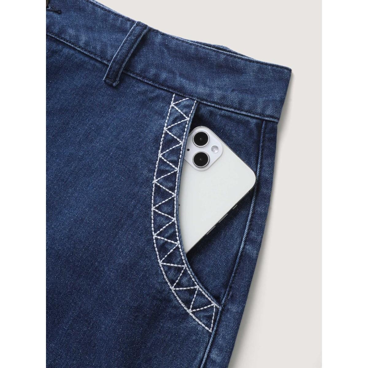 Plus Size Geometric Embroidered Hem Mini Denim Skirt Women Midblue Vacation Embroidered Medium stretch Medium Wash Mid Rise 28/5X Slanted pocket Boho Denim Skirts BloomChic Product Image