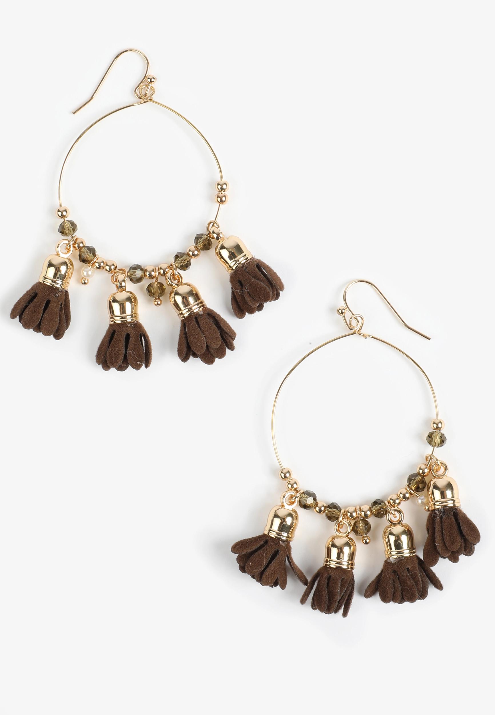 Dark Brown Faux Suede Floral Petal Hoops Earrings Product Image