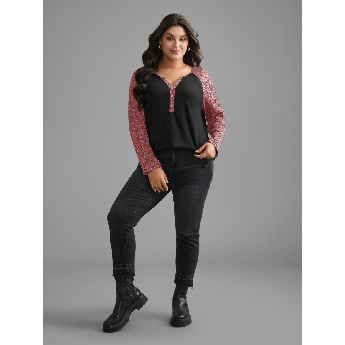 Plus Size Heather Patchwork Button Detail Stretchy T-Shirt Russet Women Casual Contrast Flat collar with V-notch Everyday T-shirts BloomChic 14-16/1X Product Image