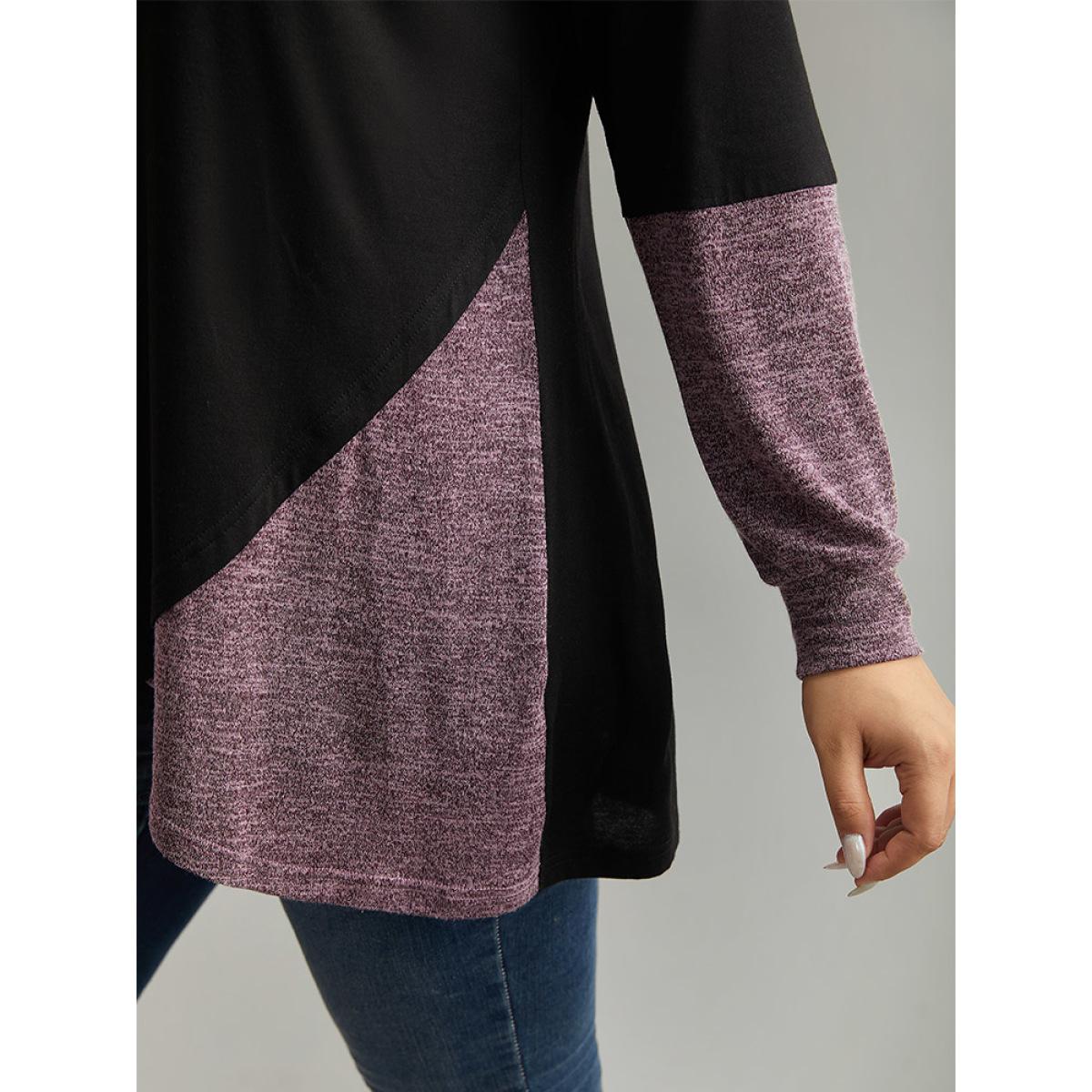 Plus Size Two Tone Patchwork Heather Arc Hem T-shirt Black Women Casual Contrast Plain Round Neck Dailywear T-shirts BloomChic 28/5X Product Image