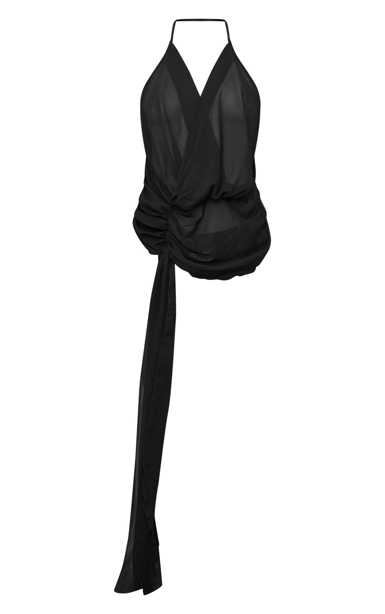 Black Ruched Front Chiffon Drape Detail Long Top Product Image