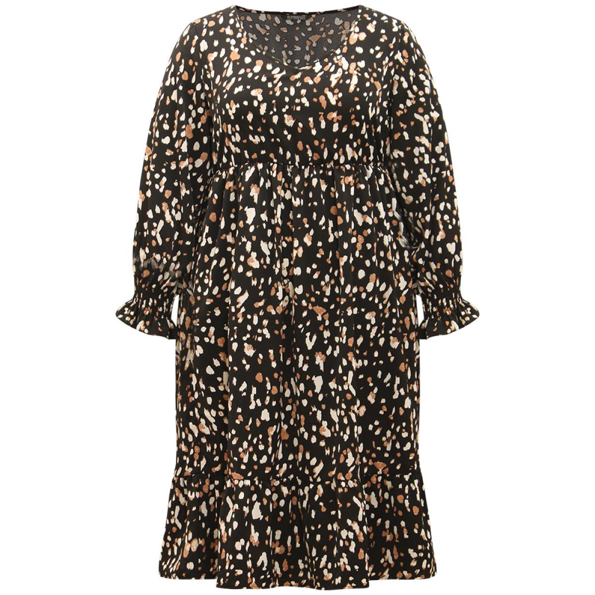 Plus Size Allover Print Pocket Lantern Sleeve Dress Black Women Elegant Printed V-neck Long Sleeve Curvy Midi Dress BloomChic 14-16/1X Product Image