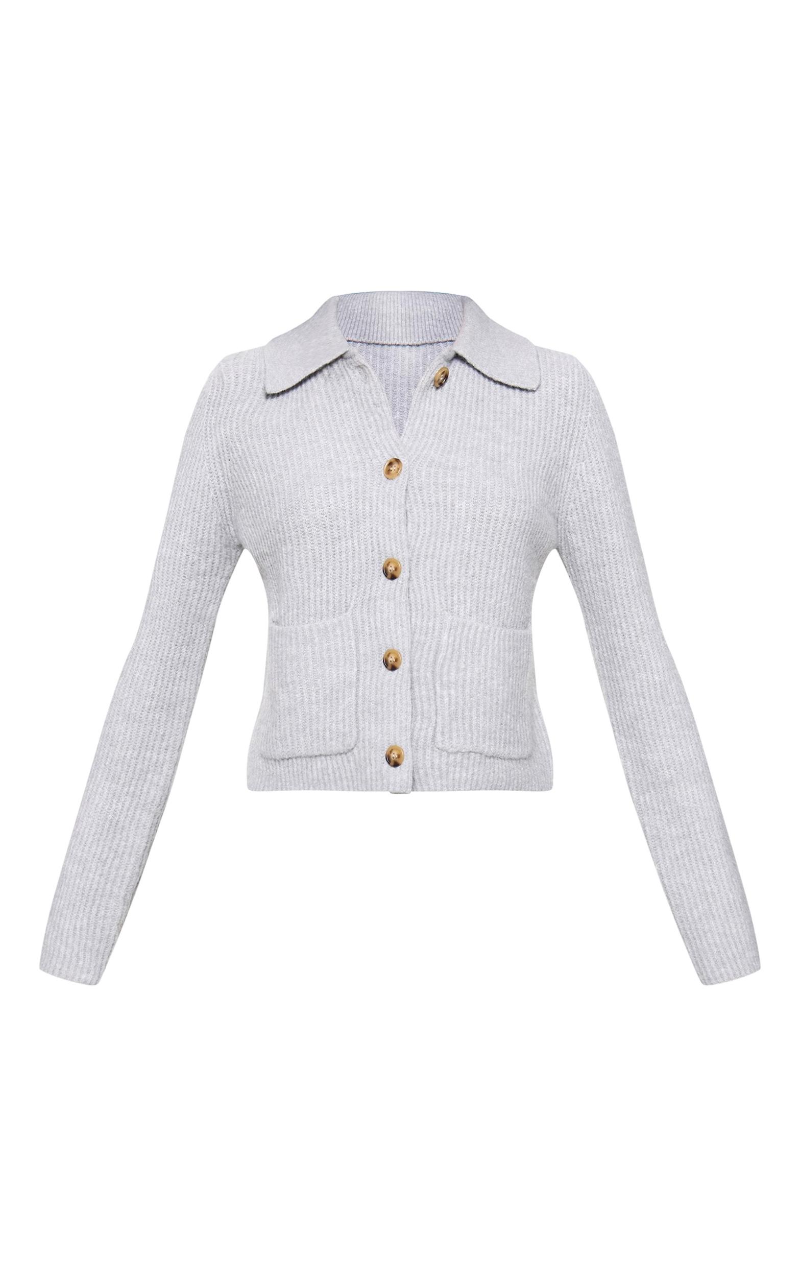 Grey Soft Textured Knit Button Up Collar Detail Cardigan Product Image