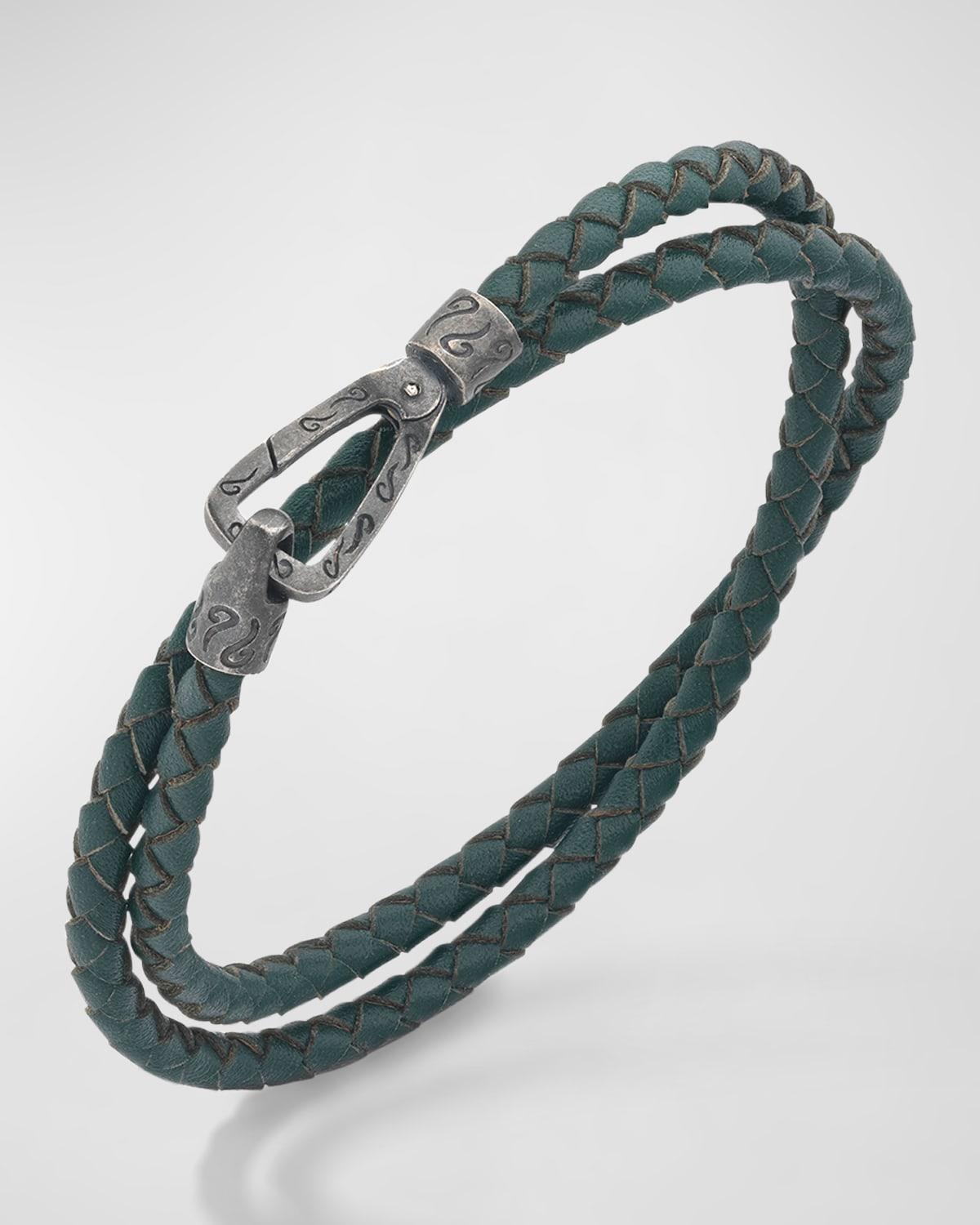 Mens Double Wrap Oxidized Silver and Woven Leather Bracelet Product Image