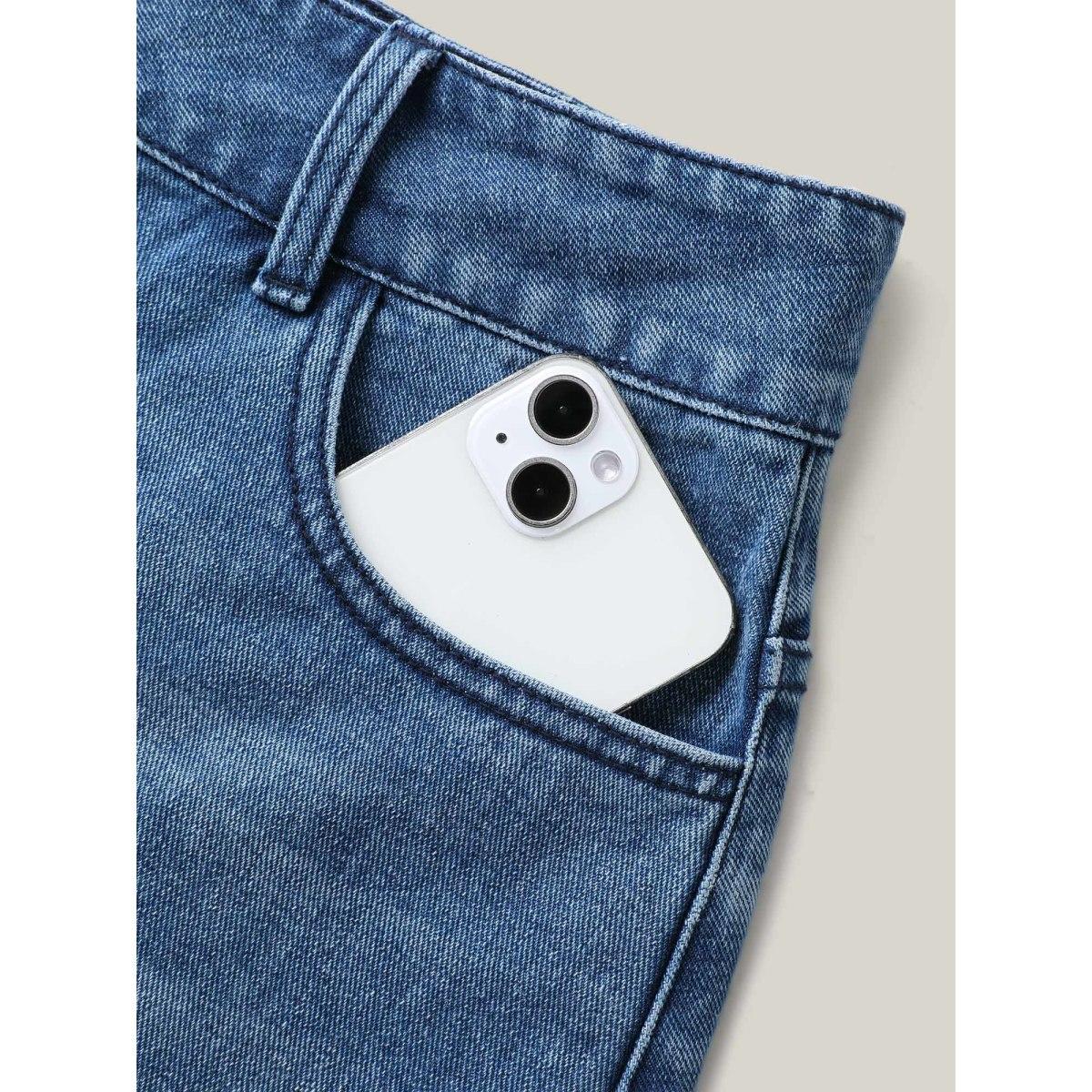 Plus Size A-Line Midi Denim Skirt Women Midblue Everyday-Casual No stretch Medium Wash 28/5X Slanted pocket Denim Skirts BloomChic Product Image