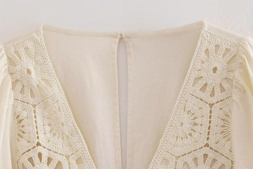Long-Sleeve V-Neck Crochet Panel Wide Leg Romper Product Image