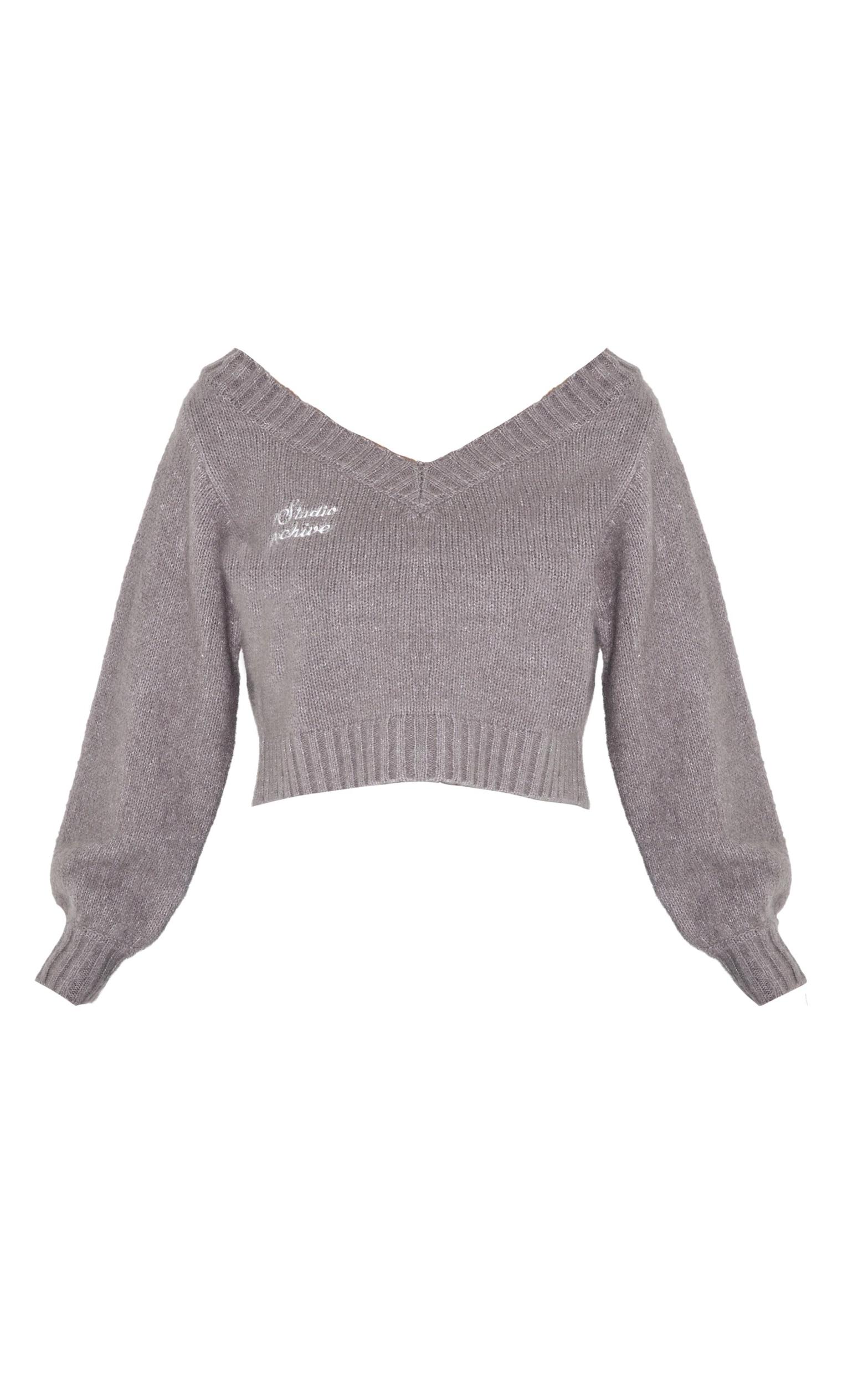  Grey Soft Knit Embroidered Slouchy Cropped Sweater Product Image