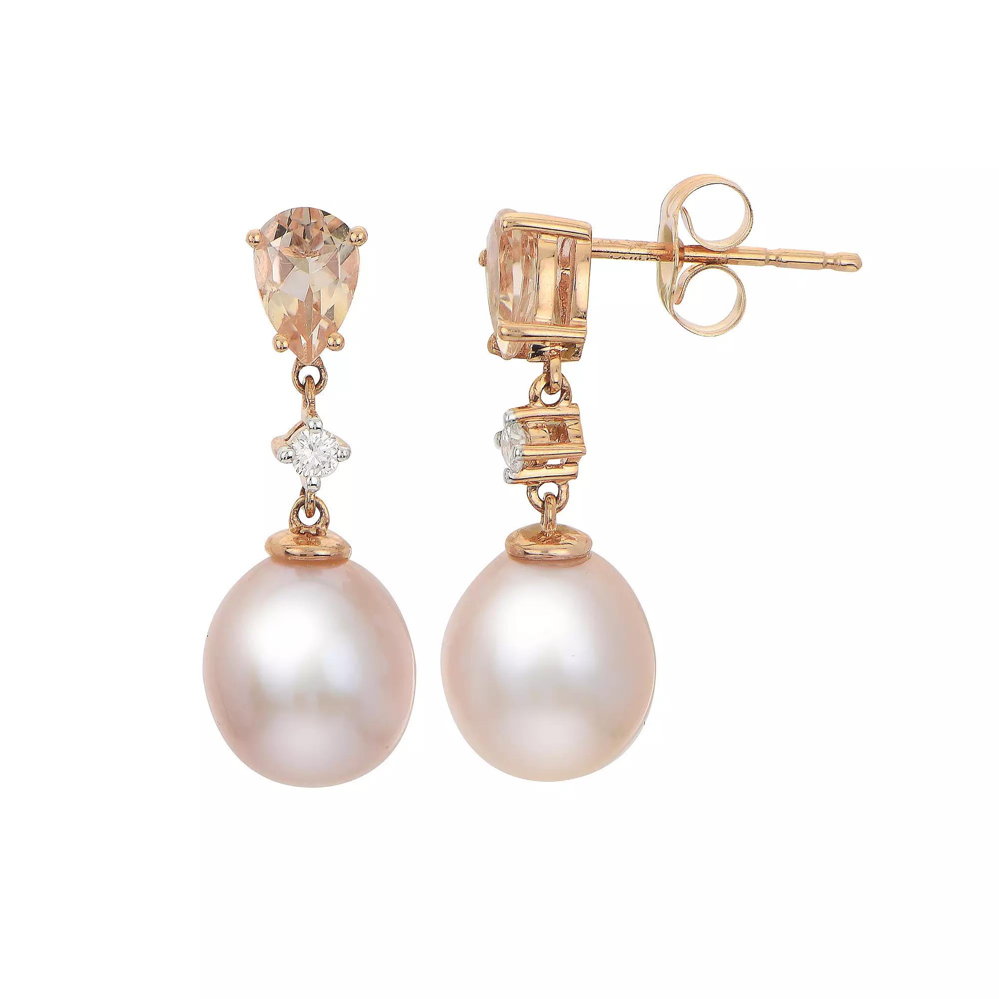 PearLustre by Imperial 14k Rose Gold Pink Freshwater Cultured Pearl, Morganite & Diamond Accent Drop Earrings, Womens Product Image
