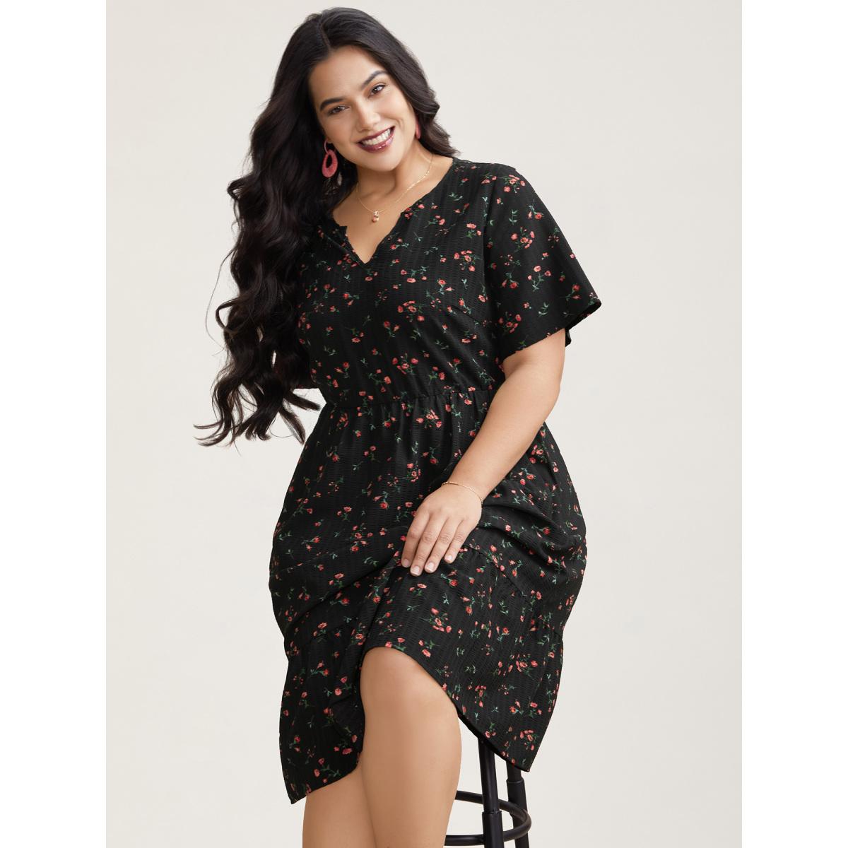 Plus Size Floral Flared Sleeve Tiered Midi Dress Black Women Elegant Texture Notched collar Short sleeve Curvy BloomChic 12/L Product Image