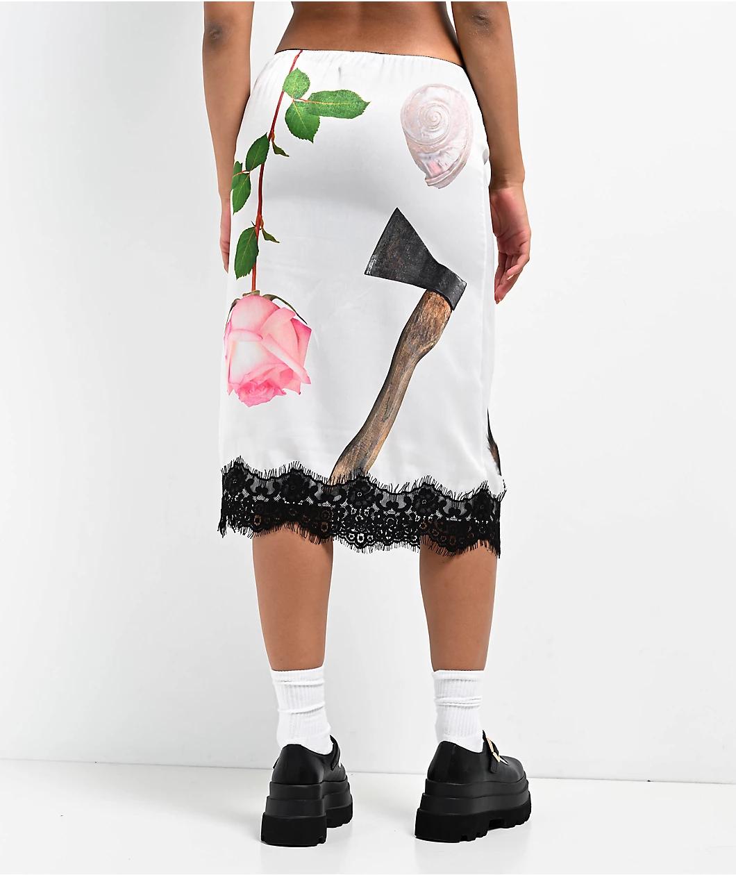 Basic Pleasure Mode Lace Print Satin White Midi Skirt Product Image