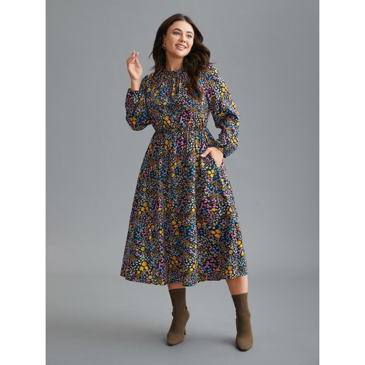 Plus Size Floral Ruffles Mock Neck Elastic Waist Midi Dress BlackFlower Women Elegant Frill Trim Mock Neck Long Sleeve Curvy BloomChic 12/L Product Image
