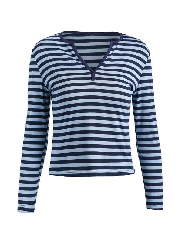 Striped V Neck Long Sleeve Tee Product Image