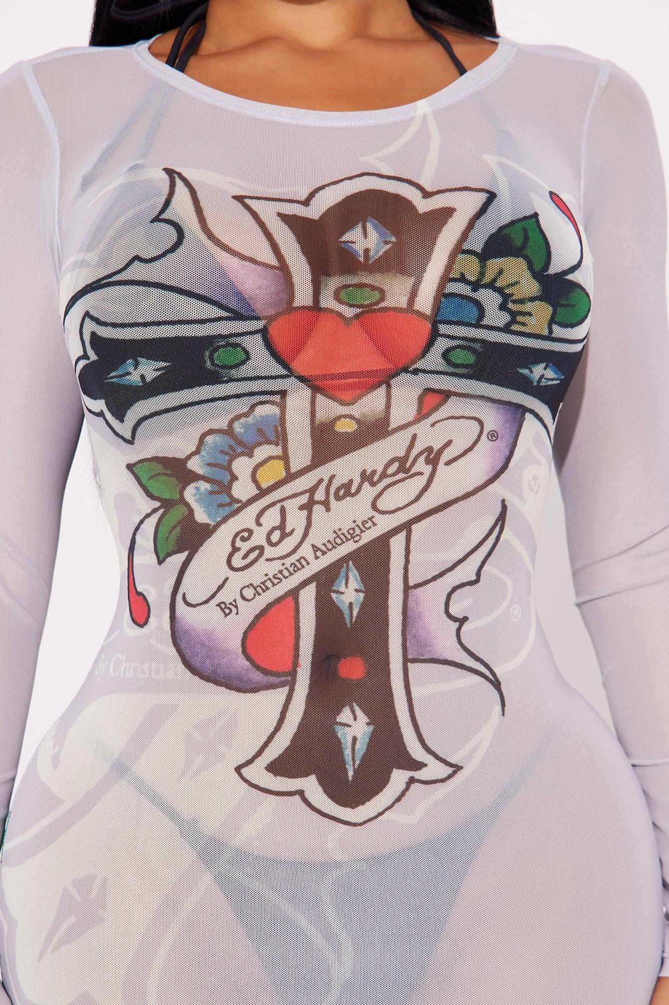 Ed Hardy Cross Long Sleeve Mesh Cover Up Mini Dress - Grey/combo Female Product Image
