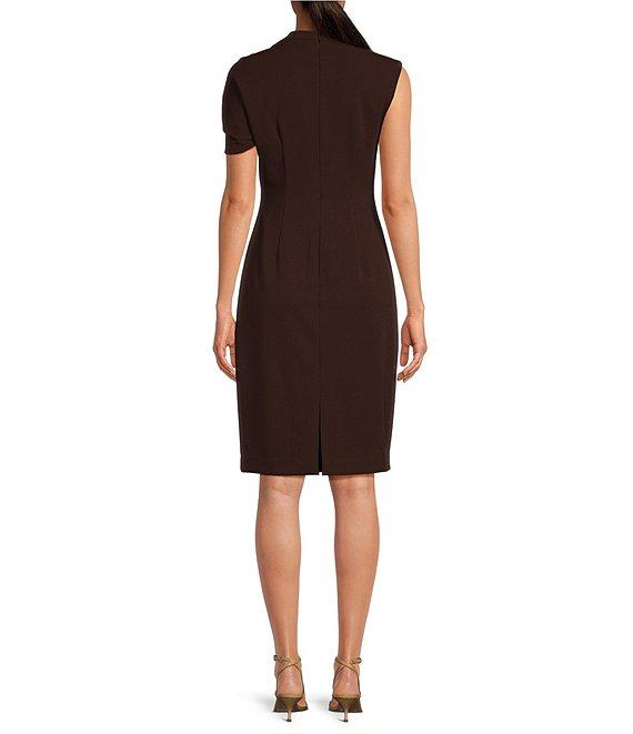 Trina Turk Keshi Stretch Woven Asymmetrical Twist Neck Short Sleeve Midi Sheath Dress Product Image