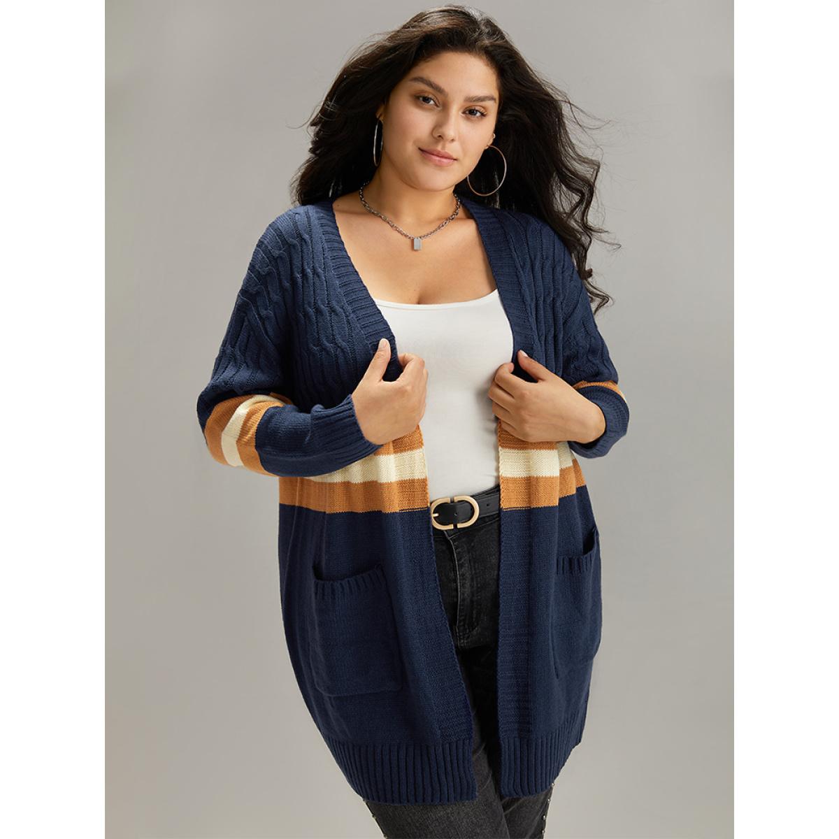 Plus Size Cable Knit Colorblock Contrast Open Front Cardigan Multicolor Women Casual Loose Long Sleeve Dailywear Cardigans BloomChic 28/5X Product Image