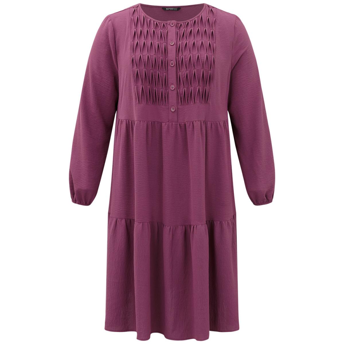 Plus Size Plain Plicated Detail Layered Hem Dress RedViolet Women Elegant Elastic cuffs Round Neck Long Sleeve Curvy Midi Dress BloomChic 10/M Product Image