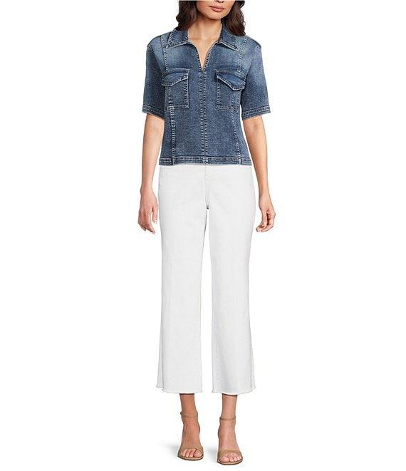 Tru Luxe Jeans Denim Collared Split Neck Short Sleeve Shirt Product Image