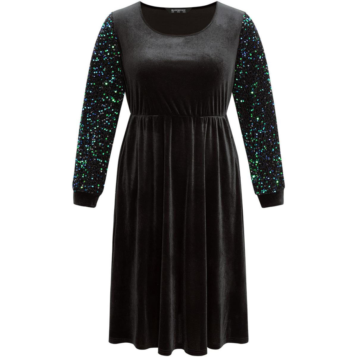 Plus Size Velvet Patchwork Sequin Elastic Waist Dress Black Women Party Velvet Scoop Neck Long Sleeve Curvy Midi Dress BloomChic 22-24/3X Product Image
