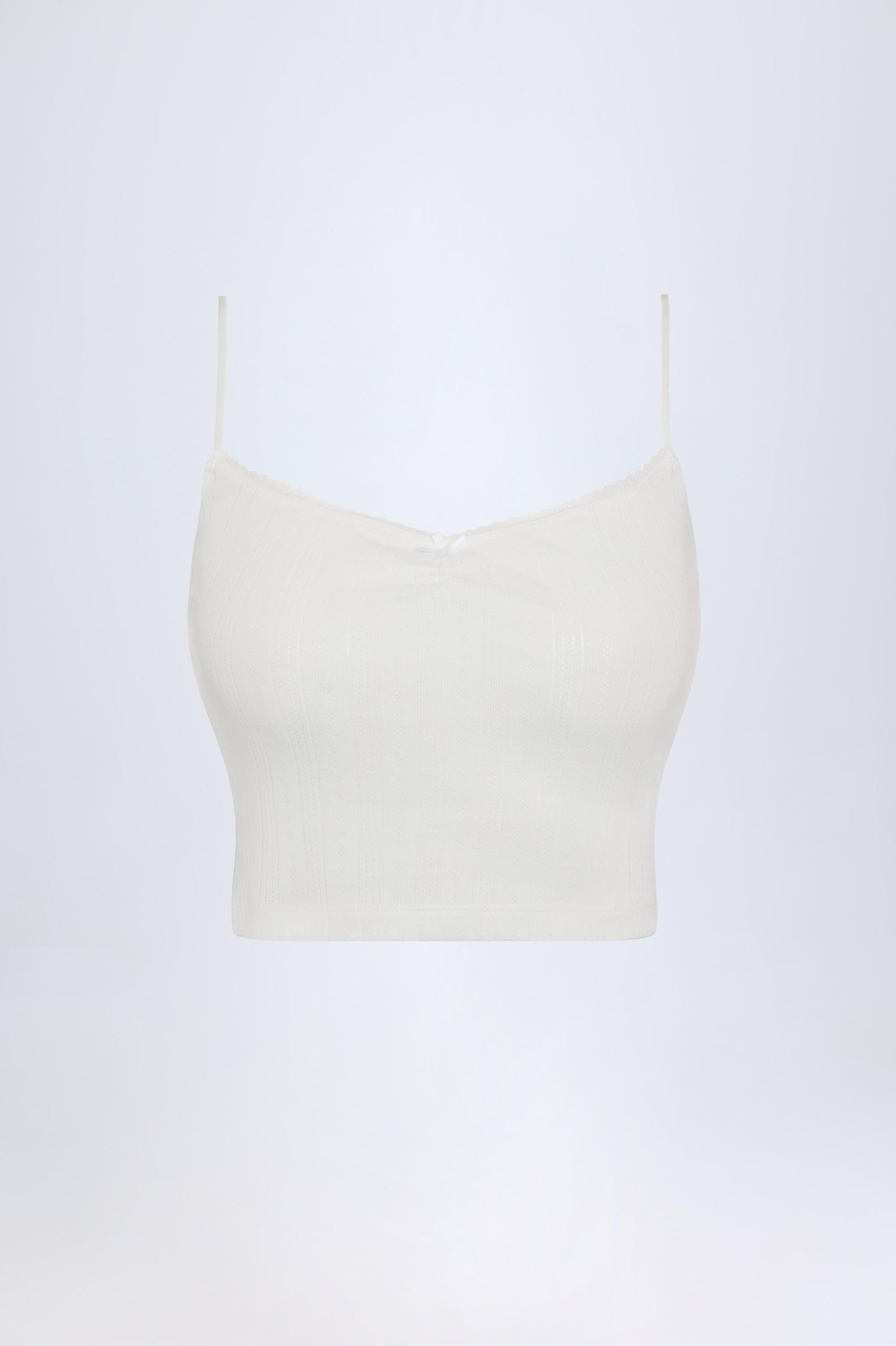 Pointelle Ruched Camisole Crop Top in White Product Image