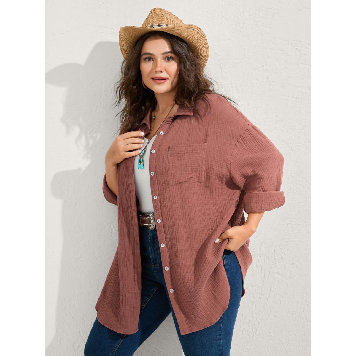 Plus Size Pure Cotton Long Button Down Jacket Women Rust Texture Loose Patch pocket Vacation Jackets BloomChic 30/6X Product Image