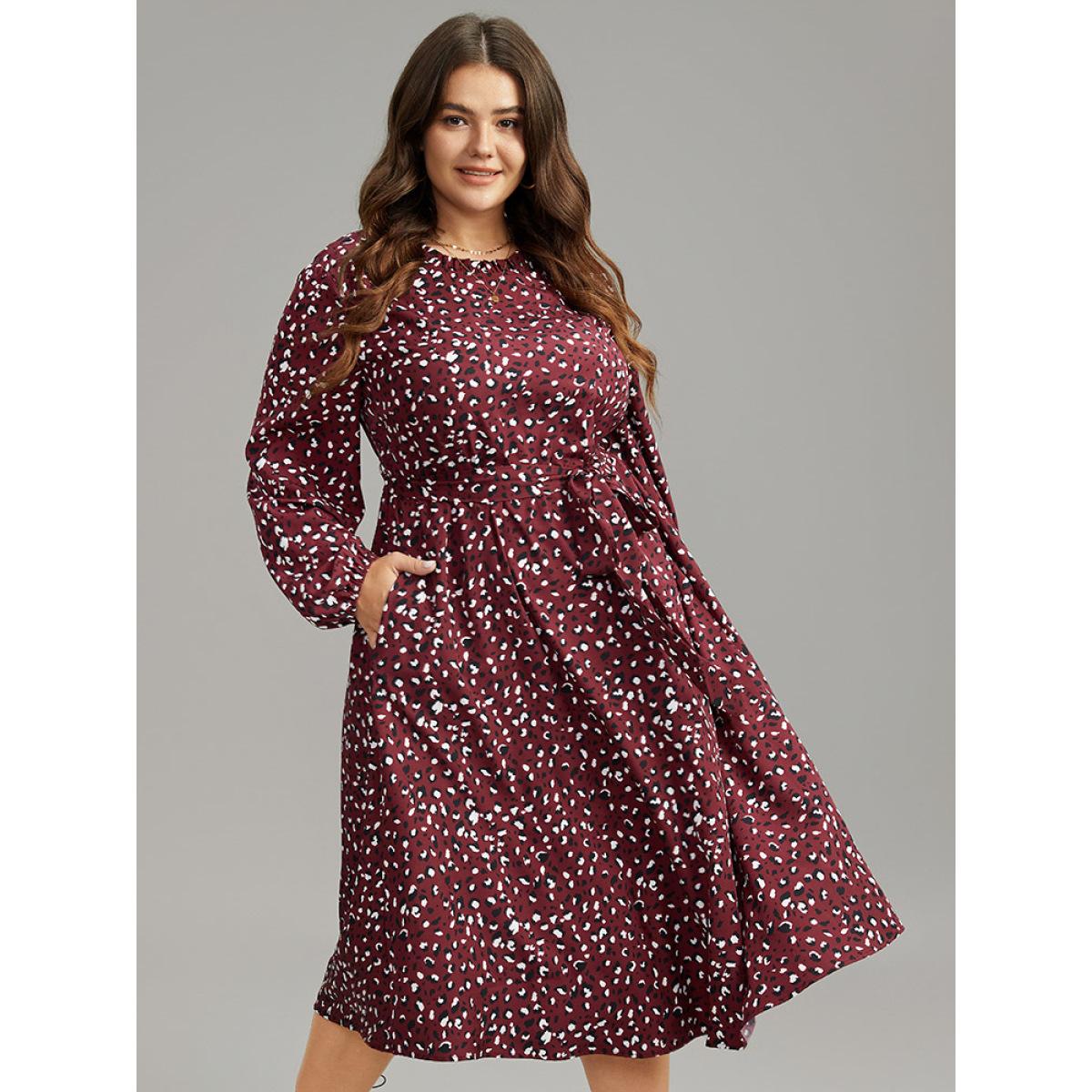 Plus Size Allover Print Elastic Cuffs Frill Trim Belted Dress Burgundy Women Elegant Elastic cuffs Mock Neck Long Sleeve Curvy Midi Dress BloomChic 12/L Product Image