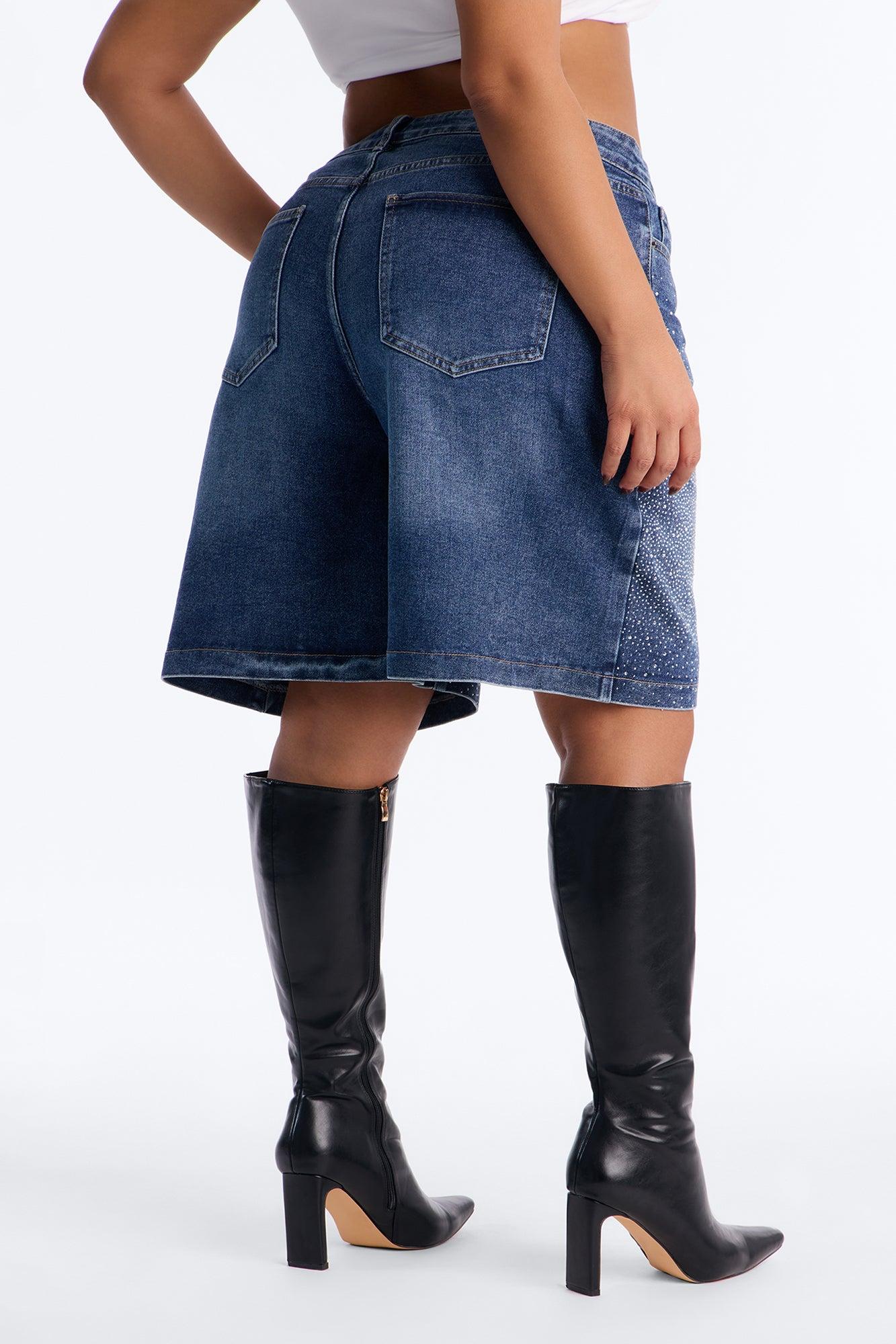 Fancy Pants Embellished Rhinestones Denim Shorts - Dark Wash Female Product Image