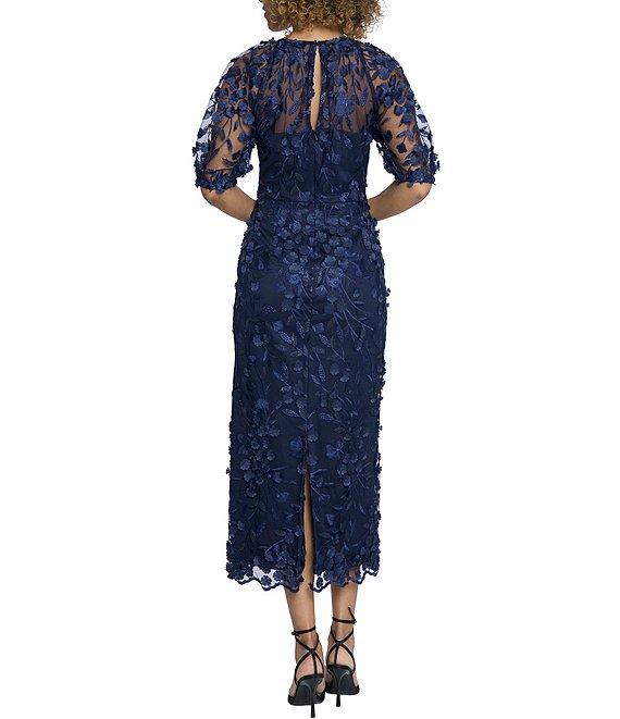 Maggy London Illusion Puff Short Sleeve Crew Neck Embroidered 3D Petal Applique Mesh MIdi Sheath Dress Product Image