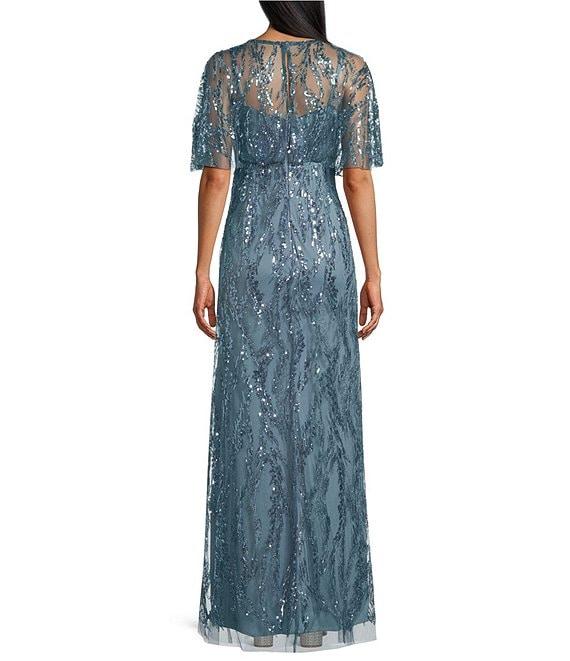 R & M Richards Sequin V-Neck Flutter Sleeve Sheer Capelet A-line Dress Product Image