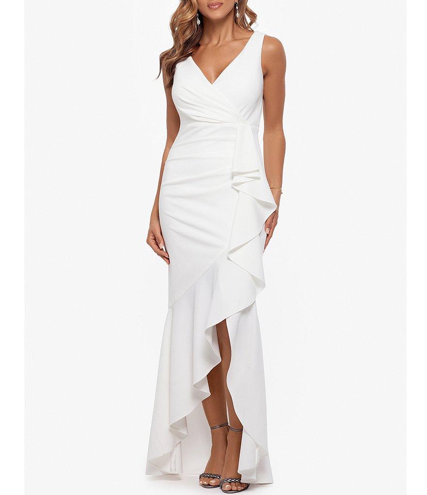 Betsy & Adam Sleeveless V-Neck Spiral Ruffle Cascade Gown Product Image