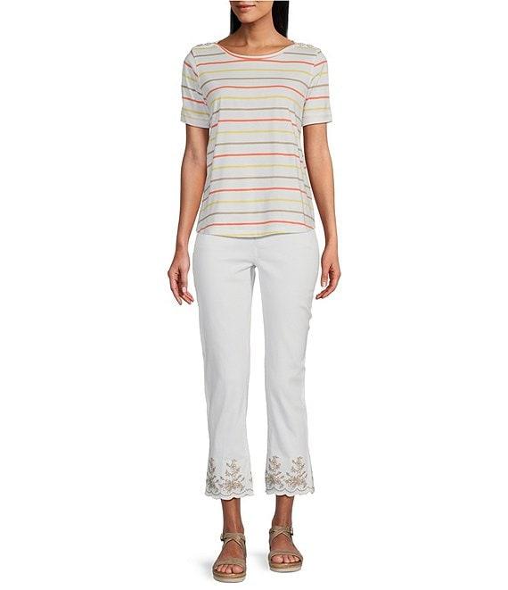 Multiples Petite Size Yarn-Dye Jersey Knit Stripe Boat Neck Elbow Sleeve Fitted Top Product Image