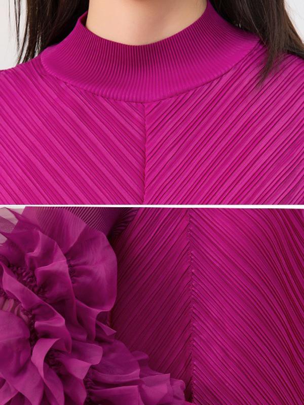 Long Sleeves Loose Embroidered Pleated Solid Color Round-Neck Midi Dresses Product Image