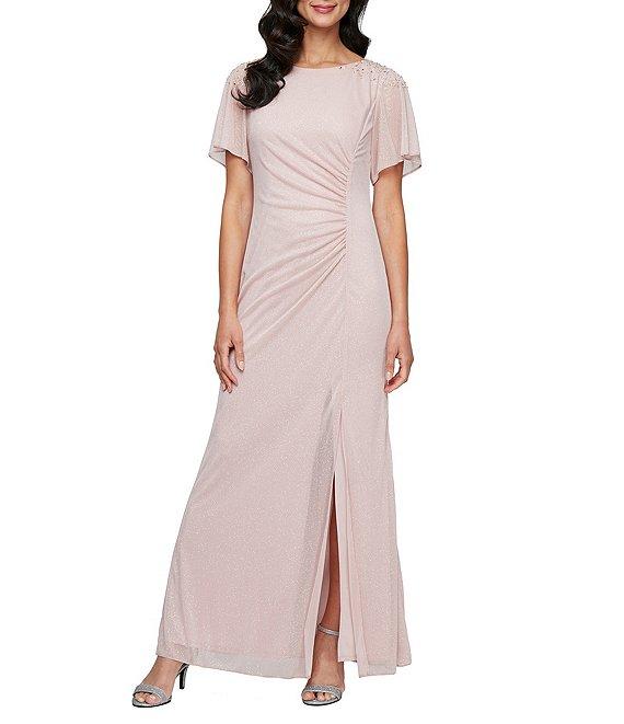 Ignite Evenings Short Sleeve Round Neck Front Slit Glitter Jersey Dress Product Image