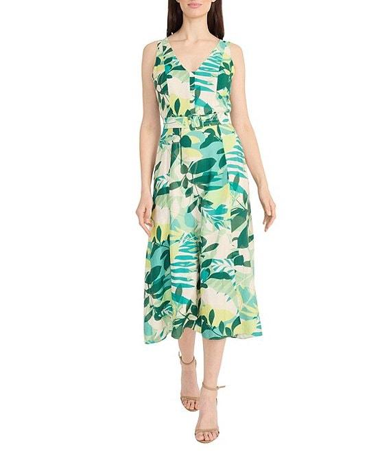 Maggy London V-Neck Sleeveless Belted Printed Floral Faux Linen A-Line Midi Dress Product Image