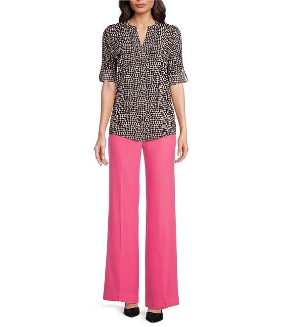 Calvin Klein Crew Neck Printed Roll Sleeve Button Front Blouse Product Image