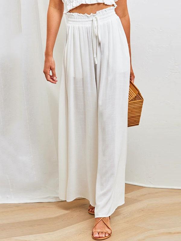 High Waisted Loose Drawstring Elasticity Pockets Solid Color Pants Trousers Product Image