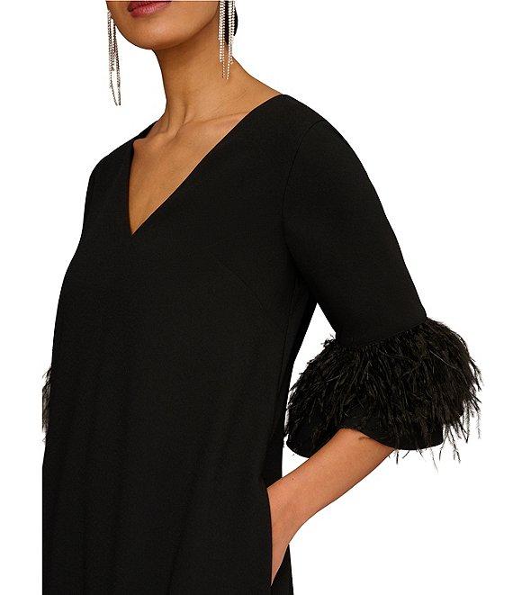 Aidan Mattox V-Neck 3/4 Sleeve Feather Trim Trapeze Dress Product Image