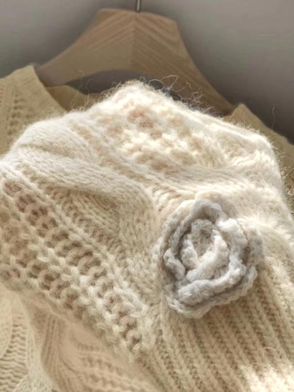 Three Dimensional Rose Crochet Cable Knit Sweater Product Image