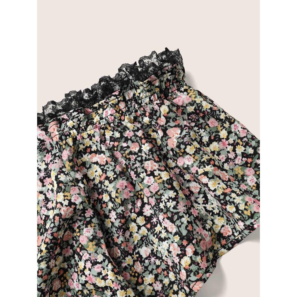Plus Size Black Off Shoulder Ditsy Floral Lace Panel Blouse Women Elegant Short sleeve One-shoulder neck Everyday Blouses BloomChic 30/6X Product Image