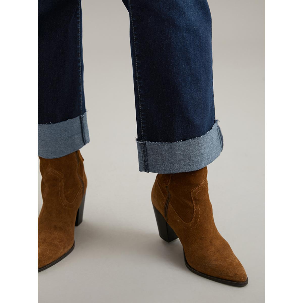 Plus Size Solid Roll Hem Very Stretchy Straight Leg Jeans Women Indigo Casual Plain Plain High stretch Pocket Jeans BloomChic 12/L Product Image