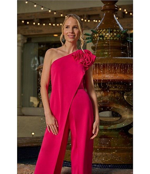 Adrianna Papell One Shoulder 3D Flower Applique Asymmetrical Walk Thru Crepe Jumpsuit Product Image