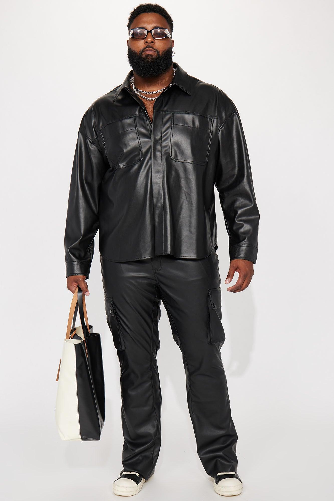 Finest Faux Leather Cargo Slim Flare Pants - Black Product Image