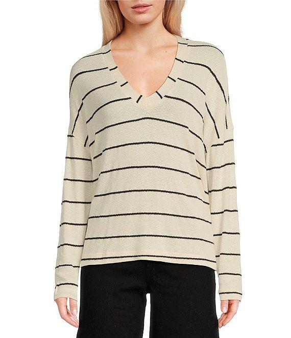 Blu Pepper Stripe V-Neck Drop Shoulder Long Sleeve Knit Top Product Image